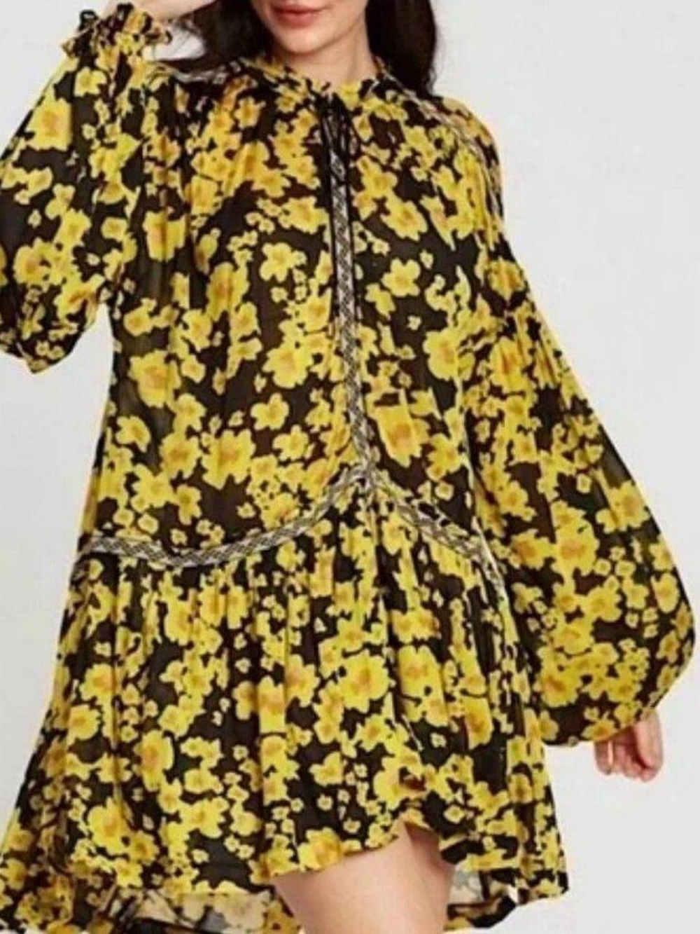 Free People Black Mini Dress with Yellow Floral Print